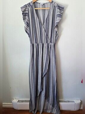 SPLENDID Blue and White Striped Faux Wrap High Low Maxi Viscose Blend Dress